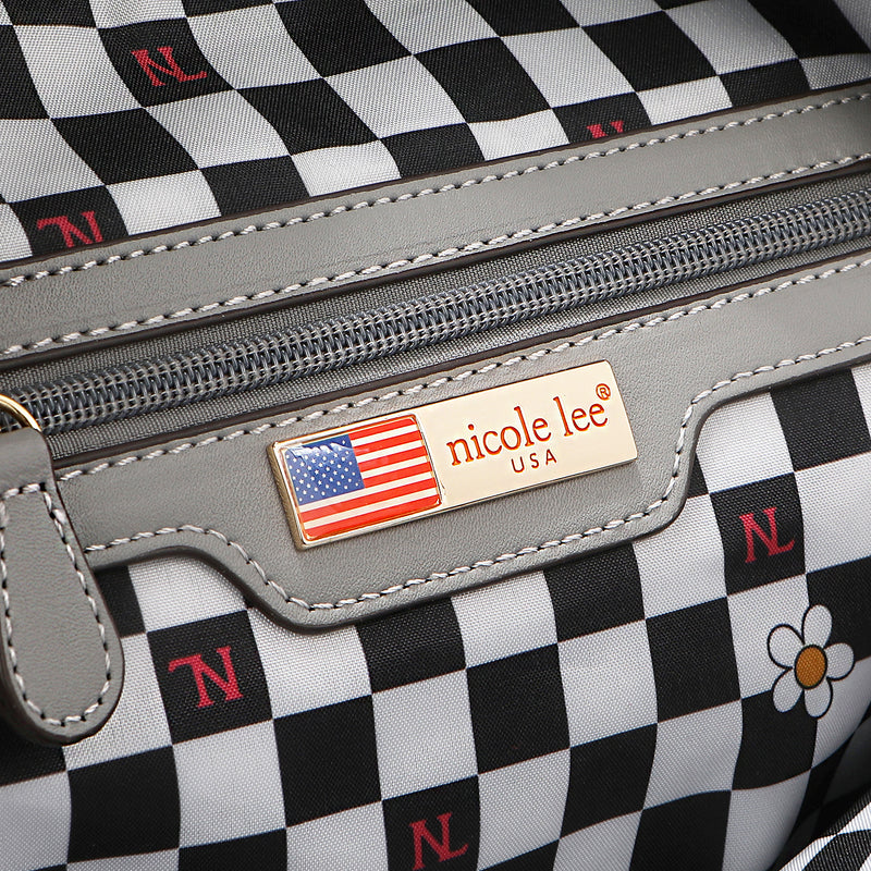 Nicole Lee vegan leather Violet Blossoms backpack part of the VIOLET BLOSSOM 3 PIECE SET (Backpack, Crossbody, Wallet) opens up to reveal a roomy black and white checker print polyester lining with back interior zip pocket with gray vegan leather accents and gold-tone logo engraved nameplate with America flag.