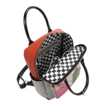 Nicole Lee vegan leather Violet Blossoms backpack part of the VIOLET BLOSSOM 3 PIECE SET (Backpack, Crossbody, Wallet) opens up to reveal a roomy black and white checker print polyester lining with back interior zip pocket and two front interior slip pockets. 