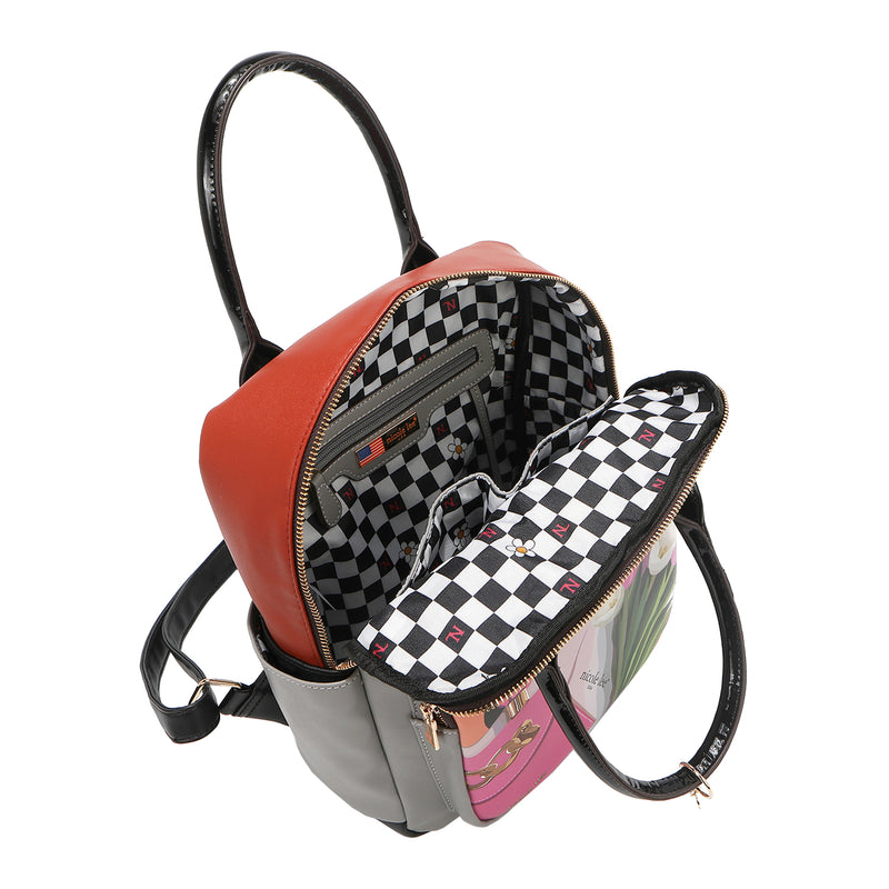 Nicole Lee vegan leather Violet Blossoms backpack part of the VIOLET BLOSSOM 3 PIECE SET (Backpack, Crossbody, Wallet) opens up to reveal a roomy black and white checker print polyester lining with back interior zip pocket and two front interior slip pockets. 