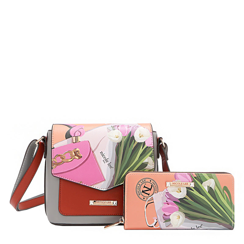Nicole Lee vegan leather Violet Blossoms flap crossbody paired with the matching Violet Blossom zip wallet, part of the VIOLET BLOSSOM 3 PIECE SET (Backpack, Crossbody, Wallet). Illustration of pink and white tulips against a Nicole Lee branded dust bag and hot pink structured chain link bag. 