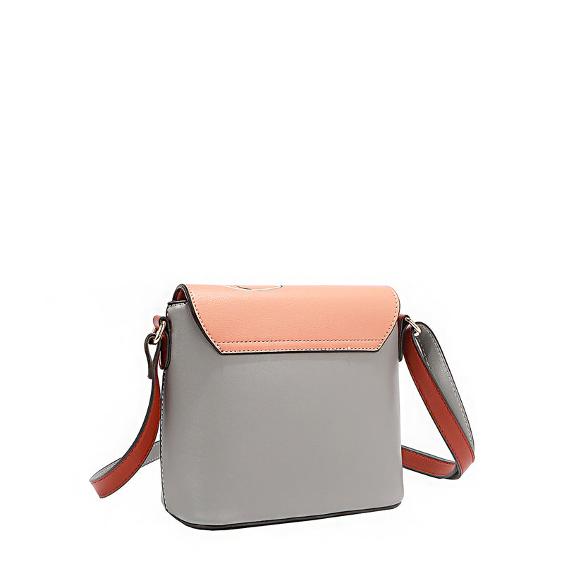 Back angle of the Nicole Lee vegan leather Violet Blossoms flap crossbody, part of the 3-in-1 Violet Blossoms travel-friendly backpack, handbag, and wallet set. Solid light gray back with light coral and deep orange accents. 