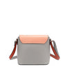 Back of the Nicole Lee vegan leather Violet Blossoms flap crossbody, part of the 3-in-1 Violet Blossoms travel-friendly backpack, handbag, and wallet set. Solid light gray back with light coral and deep orange accents. 
