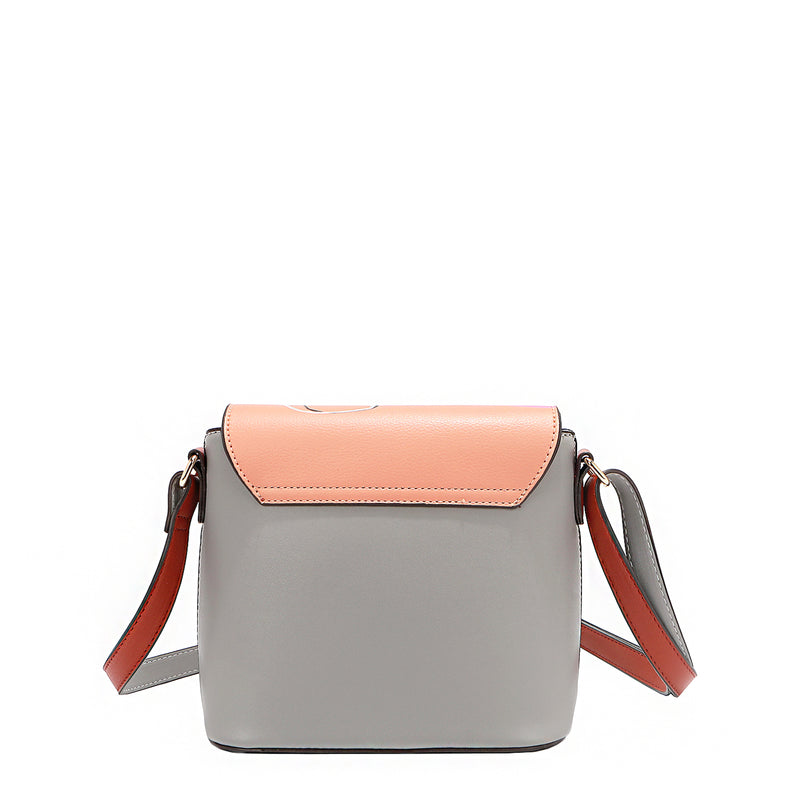 Back of the Nicole Lee vegan leather Violet Blossoms flap crossbody, part of the 3-in-1 Violet Blossoms travel-friendly backpack, handbag, and wallet set. Solid light gray back with light coral and deep orange accents. 