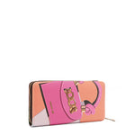 Back angle of the Nicole Lee vegan leather Violet Blossoms zip wallet, part of the VIOLET BLOSSOM 3 PIECE SET (Backpack, Crossbody, Wallet). Illustration of a Nicole Lee branded hot pink structured chain link bag. Main zip closure with gold-tone hardware. 