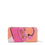 Back of the Nicole Lee vegan leather Violet Blossoms zip wallet, part of the VIOLET BLOSSOM 3 PIECE SET (Backpack, Crossbody, Wallet). Illustration of a Nicole Lee branded hot pink structured chain link bag. Main zip closure with gold-tone hardware. 