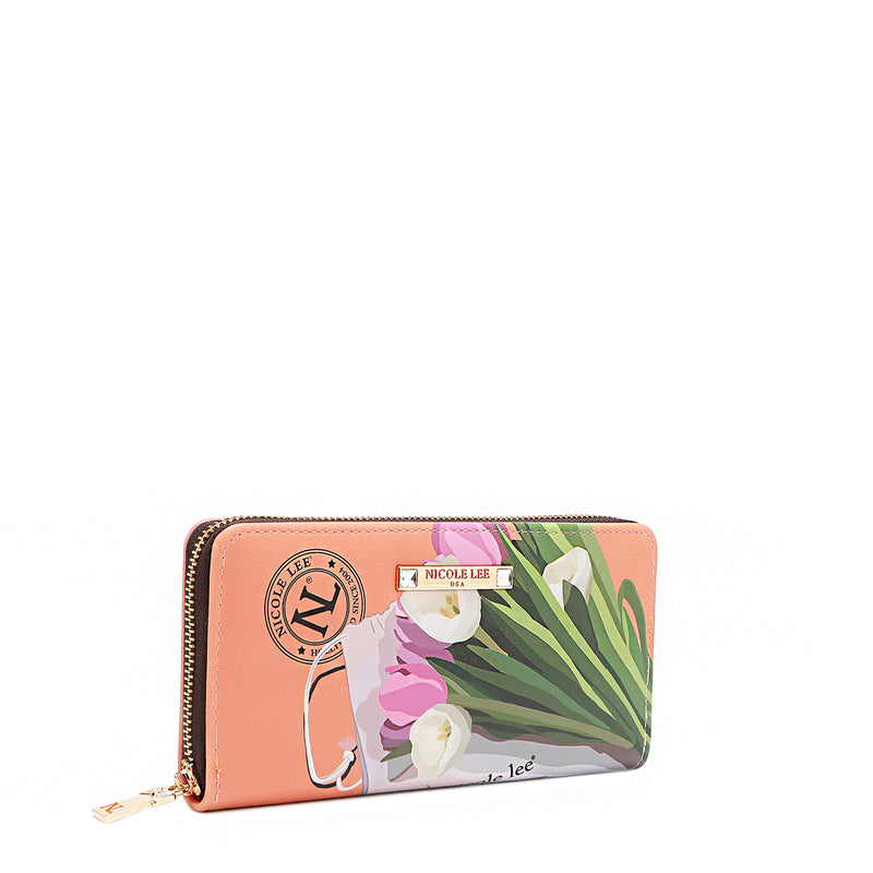 Front angle of the Nicole Lee vegan leather Violet Blossoms zip wallet, part of the VIOLET BLOSSOM 3 PIECE SET (Backpack, Crossbody, Wallet). Illustration of pink and white tulips against a Nicole Lee branded dust bag and hot pink structured chain link bag. Logo-engraved gold-tone nameplate with diamond rhinestones. Main zip closure. 