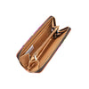 Interior of Violet Blossom zip wallet part of VIOLET BLOSSOM 3 PIECE SET (Backpack, Crossbody, Wallet). Solid interior brown lining with multiple card and bill slots and center interior zip coin compartment for organization. 