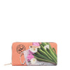 Nicole Lee vegan leather Violet Blossoms zip wallet, part of the VIOLET BLOSSOM 3 PIECE SET (Backpack, Crossbody, Wallet). Illustration of pink and white tulips against a Nicole Lee branded dust bag and hot pink structured chain link bag. Logo-engraved gold-tone nameplate with diamond rhinestones. Main zip closure. 
