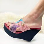 WEARING OUR NICOLE LEE CUTOUT WEDGE SANDALS IN OUR CASUAL WALK DESIGN.