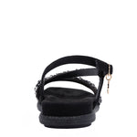 OUR DANI RHINESTONE SANDAL IN BLACK EMBELLISHED WITH A ADJUSTABLE BUCKLE CLOSURE. SUEDE UPPER AND INSOLE. OPEN TOE AND RUBBER OUTSOLE