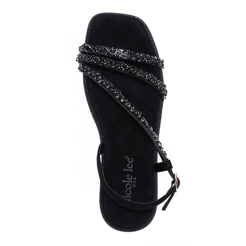 A VIEW FROM ABOVE OUR DANI RHINESTONE SANDAL IN COLOR BLACK.