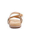 OUR DANI RHINESTONE SANDAL IN GOLD EMBELLISHED WITH A ADJUSTABLE BUCKLE CLOSURE. SUEDE UPPER AND INSOLE. OPEN TOE AND RUBBER OUTSOLE