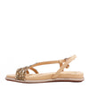 OUR DANI RHINESTONE SANDAL IN GOLD EMBELLISHED WITH A ADJUSTABLE BUCKLE CLOSURE. SUEDE UPPER AND INSOLE. OPEN TOE AND RUBBER OUTSOLE