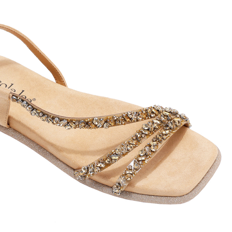 A CLOSER LOOK ON OUR DANI SANDAL. RHINESTONE ENCRUSTED CRISSCROSS STRAPS AND A MODERN SQUARE TO.