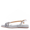 OUR DANI RHINESTONE SANDAL IN SILVER EMBELLISHED WITH A ADJUSTABLE BUCKLE CLOSURE WITH A NICOLE LEE CHARM FOR STATEMENT. SUEDE UPPER AND INSOLE. OPEN TOE AND RUBBER OUTSOLE