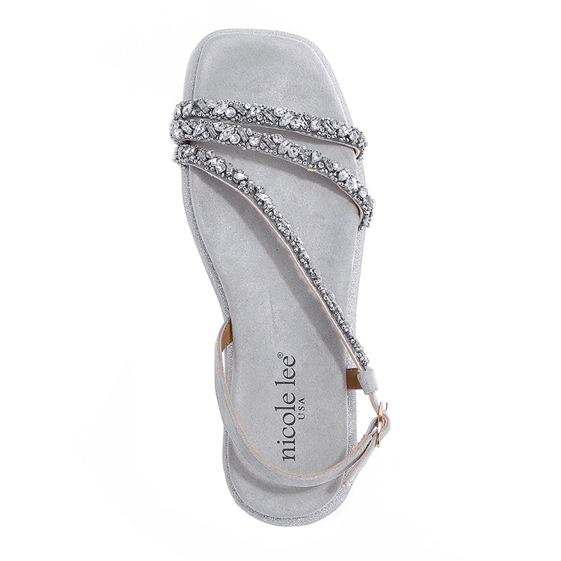 A VIEW FROM ABOVE OUR DANI RHINESTONE SANDAL IN COLOR SILVER.