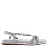 OUR DANI RHINESTONE SANDAL IN SILVER EMBELLISHED WITH A ADJUSTABLE BUCKLE CLOSURE WITH A NICOLE LEE CHARM FOR STATEMENT. SUEDE UPPER AND INSOLE. OPEN TOE AND RUBBER OUTSOLE