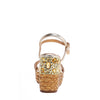 The platform wedge is adorned with gold yellow rhinestones and  braid detailing.