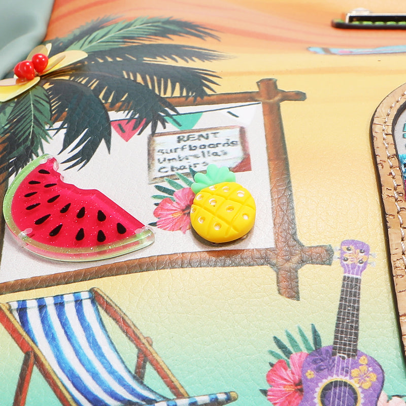 Closer look of Our Sun and Sand design featuring a 3D watermelon, pineapple.