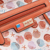 Close-up of our  'nicole lee' label on a shell-patterned background
