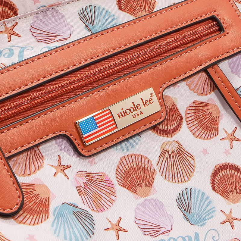 Close-up of our  'nicole lee' label on a shell-patterned background