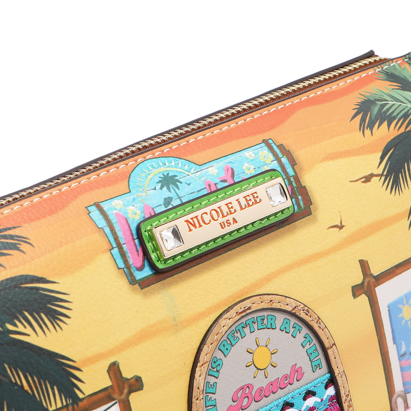 Close-up of our 'nicole lee' logo on the front of our Nicole Lee Sun and Sand Shoulder handbag. 