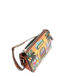 Our Sun and Sand Crossbody bag with a tropical design featuring a beach hut, palm trees, and beach items set on a white background.