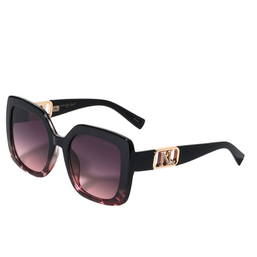OUR NICOLE LEE SQUARED SUNGLASSES IN PURPLE WITH A DIAMOND ENCRUSTED NL LOGO.