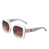 OUR NICOLE LEE SQUARED SUNGLASSES IN WHITE WITH A DIAMOND ENCRUSTED NL LOGO.