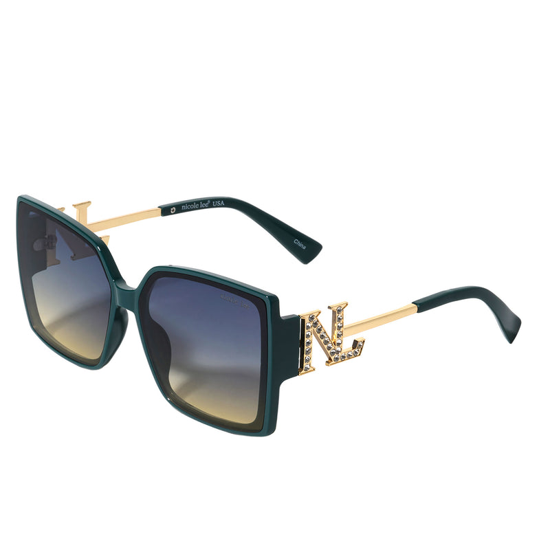OUR GREEN SQUARE SUNGLASSES. NICOLE LEE RHINESTONE LOGO ON THE SIDES OF THE FRAMES.