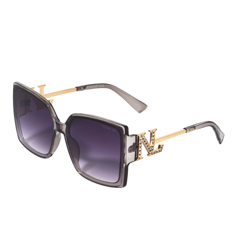 OUR SMOKE SILVER SQUARE SUNGLASSES. NICOLE LEE RHINESTONE LOGO ON THE SIDES OF THE FRAMES.