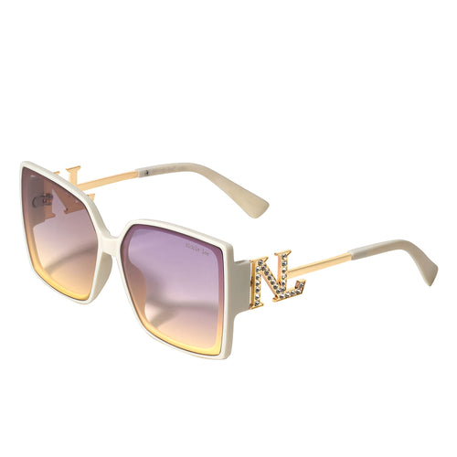 OUR WHITE SQUARED SUNGLASSES.  NICOLE LEE RHINESTONE LOGO ON THE SIDES OF THE FRAMES.