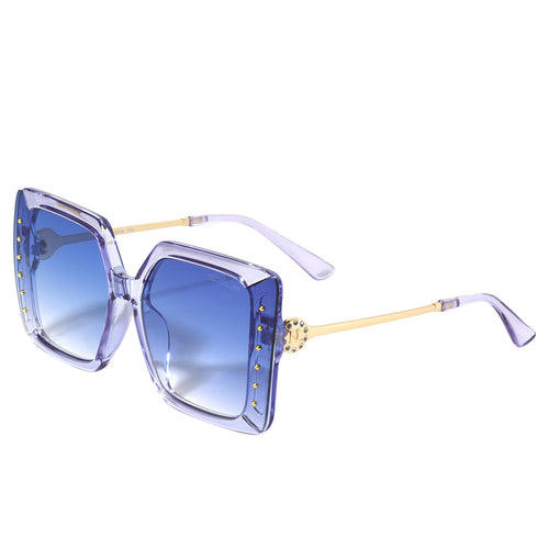 OUR BLUE OVERSIZED STUDDED SUNGLASSES. STUD DETAILING AND NICOLE LEE RHINESTONE LOGO ON THE SIDES OF THE FRAMES.
