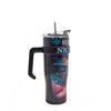 STAINLESS STEEL BLACK TUMBLER  WITH A BLACK HANDLE AND SILVER STRAW.