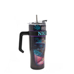 STAINLESS STEEL BLACK TUMBLER  WITH A BLACK HANDLE AND SILVER STRAW.