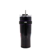 STAINLESS STEEL BLACK TUMBLER  WITH A HANDLE AND SILVER STRAW.