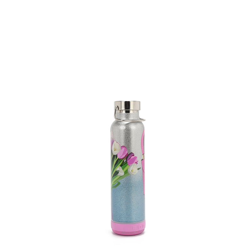 THE TUMBLER  HAS A SILVER BLUE GLITTER OMBRE IN THE BACKGROUND IN THE NICOLE LEE VIOLET BLOSSOM  PRINT. 