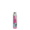 THE TUMBLER HAS A CYLINDRICAL SHAPE WITH A SCREW CAP. IT HAS A SILVER GLITTER BACKGROUND. HAS THE IMAGE OF A PINK HANDBAG AND A BOUQUET OF WHITE, PINK, AND PURPLE TULIPS ALL AROUND. AT THE BOTTOM IS A PINK BLUETOOTH SPEAKER.