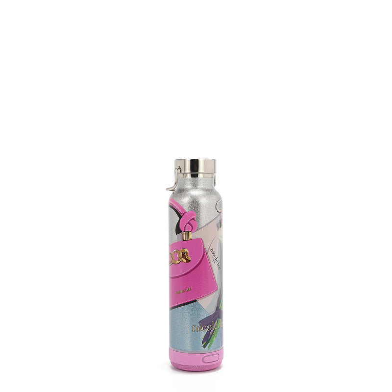 THE TUMBLER HAS A CYLINDRICAL SHAPE WITH A SCREW CAP. IT HAS A SILVER GLITTER BACKGROUND. HAS THE IMAGE OF A PINK HANDBAG AND A BOUQUET OF WHITE, PINK, AND PURPLE TULIPS ALL AROUND. AT THE BOTTOM IS A PINK BLUETOOTH SPEAKER.