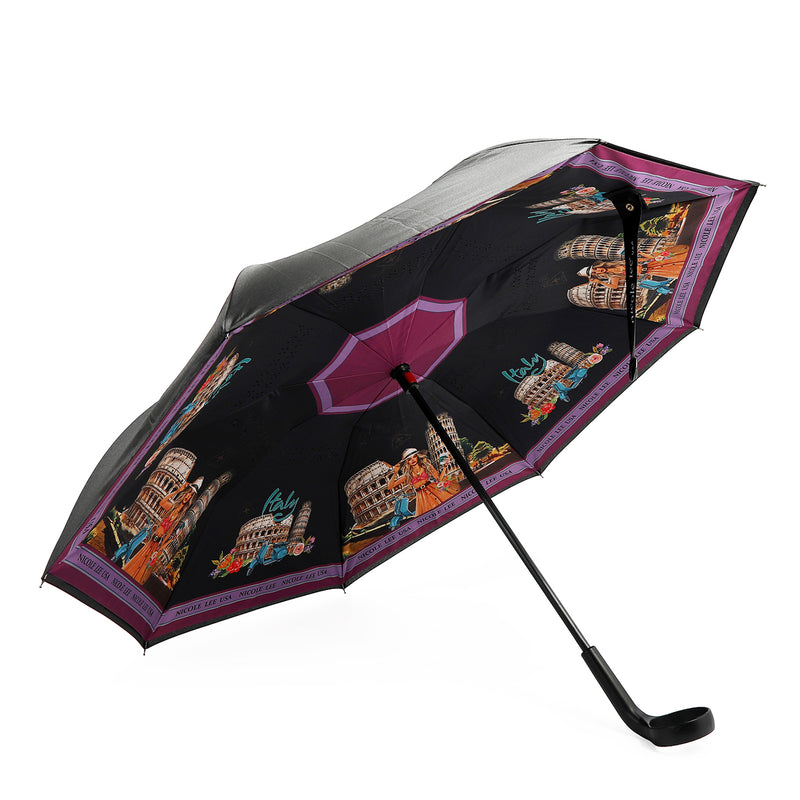 OUR BLAKELY INVERTED CUP HOLDER UMBRELLA IN OUR NICOLE LEE MARTHA TRAVELS ITALY DESIGN.