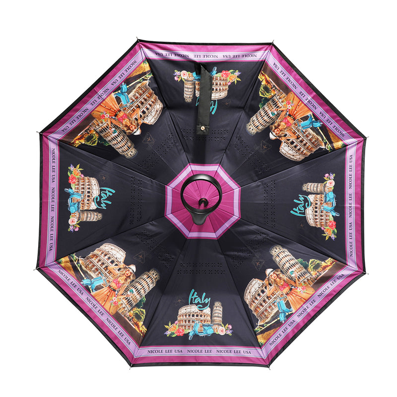 OUR BLAKELY INVERTED CUP HOLDER UMBRELLA IN OUR NICOLE LEE MARTHA TRAVELS ITALY DESIGN.