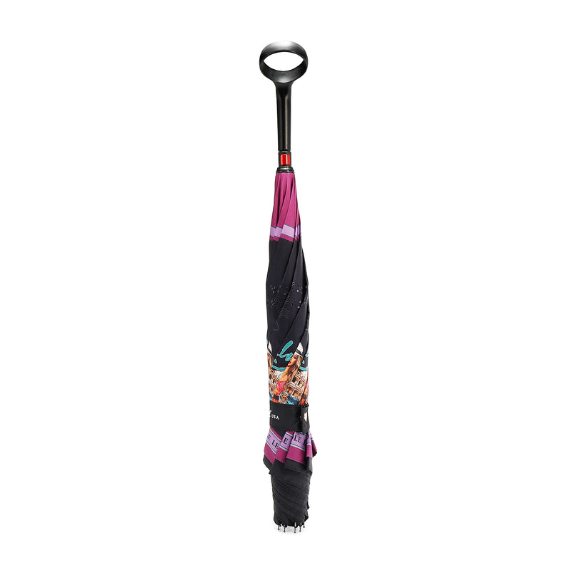 OUR BLAKELY INVERTED CUP HOLDER UMBRELLA IN OUR NICOLE LEE NAIL POLISH DESIGN. CLOSE WITH AN Automatic push-button
