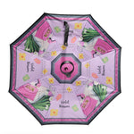 OUR BLAKELY INVERTED CUP HOLDER UMBRELLA IN OUR NICOLE LEE VIOLET BLOSSOMS DESIGN.