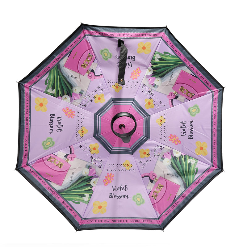 OUR BLAKELY INVERTED CUP HOLDER UMBRELLA IN OUR NICOLE LEE VIOLET BLOSSOMS DESIGN.