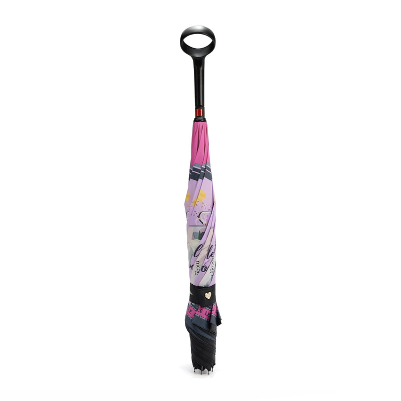 OUR BLAKELY INVERTED CUP HOLDER UMBRELLA IN OUR NICOLE LEE NAIL POLISH DESIGN. CLOSE WITH AN Automatic push-button
